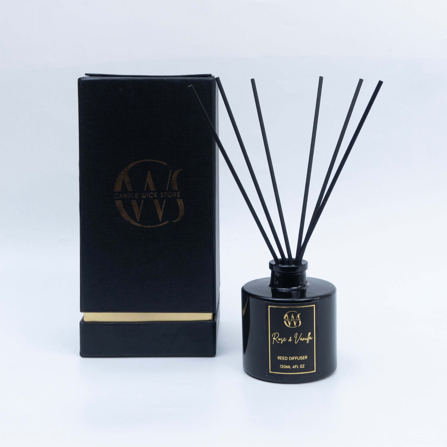 Rose & Vanilla reed diffuser in elegant black packaging, enhancing cozy spaces with floral warmth and sweet comfort.