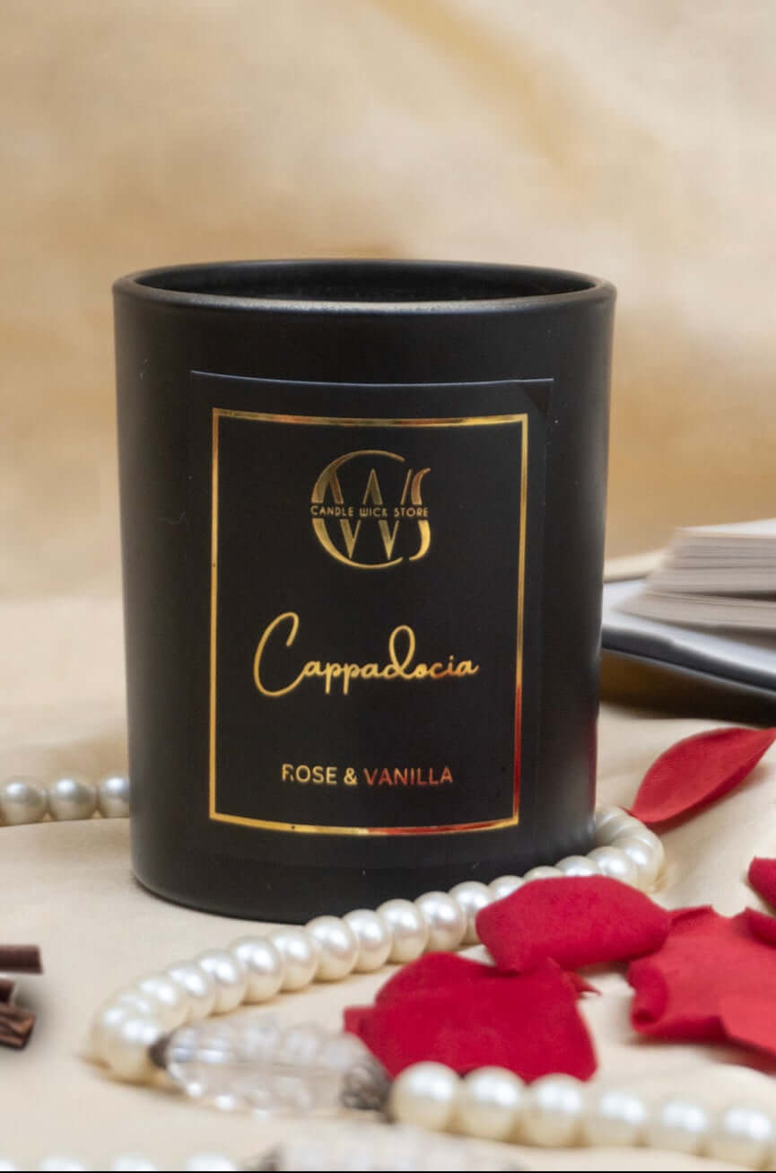 Cappadocia scented candle in black container with rose and vanilla scent, surrounded by rose petals and pearls.