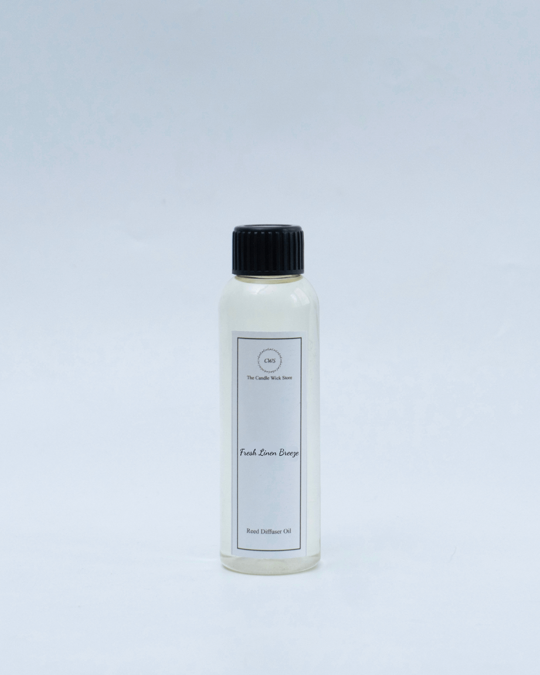 Fresh Linen Breeze reed diffuser refill bottle, 120ml, scented with clean cotton, airy florals, and soft musk.