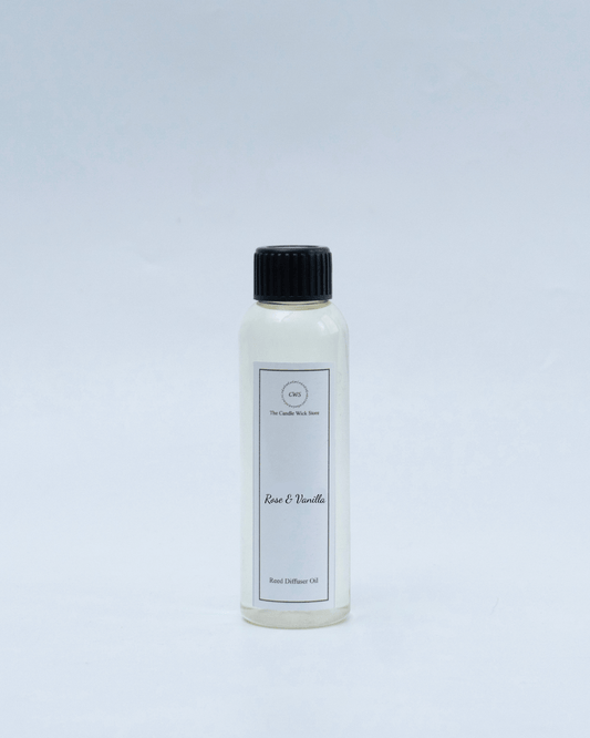 Rose & Vanilla reed diffuser refill, 120ml, clean-burning formula for cozy home fragrance.